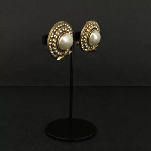 CHANEL Pearl Rhinestone Gold Tone Earrings - Picture 4 of 8